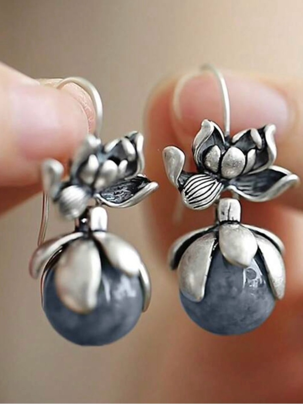 Vintage Silver Lotus Drop Earrings with Blue-Grey Stone